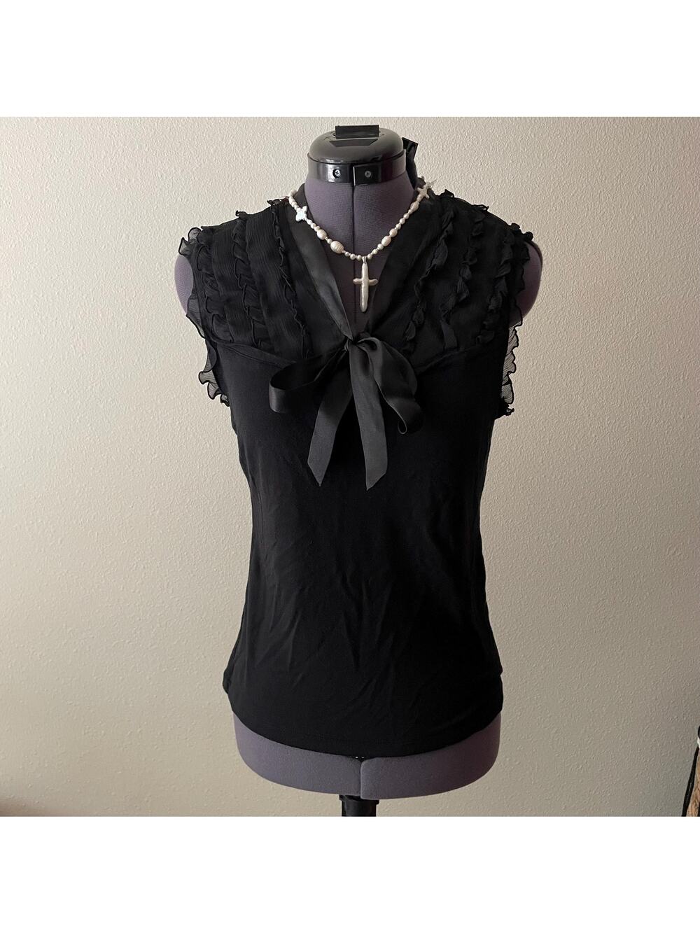 Y2K 2000s vintage black ruffle sleeveless top twee dark coquette romantic  S/M